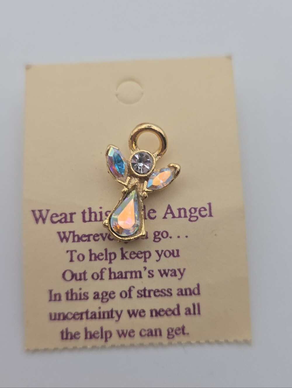 Vintage Little Angel Rhinestone Lapel Pin Gold Tone Aurora Borealis Crystal